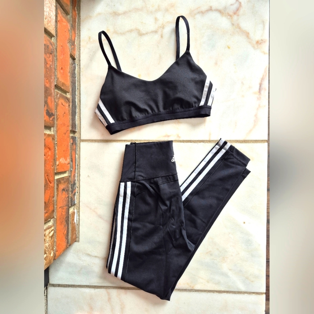 Adidas Originals Black Sports Bra Leggings Set Small 3 Stripes Running Train Run
